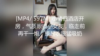 [MP4/ 597M] 小情侣酒店开房，气质眼镜小女友，临走前再干一炮，撩起衣服猛吸奶